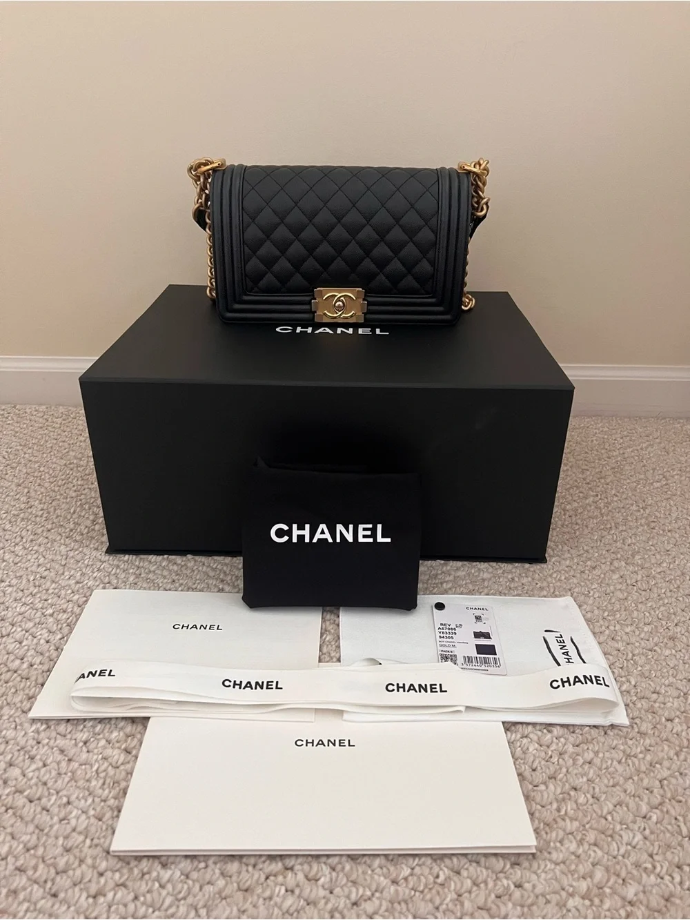 Chanel Caviar Black Medium Boy Bag with Antique Gold Hardware